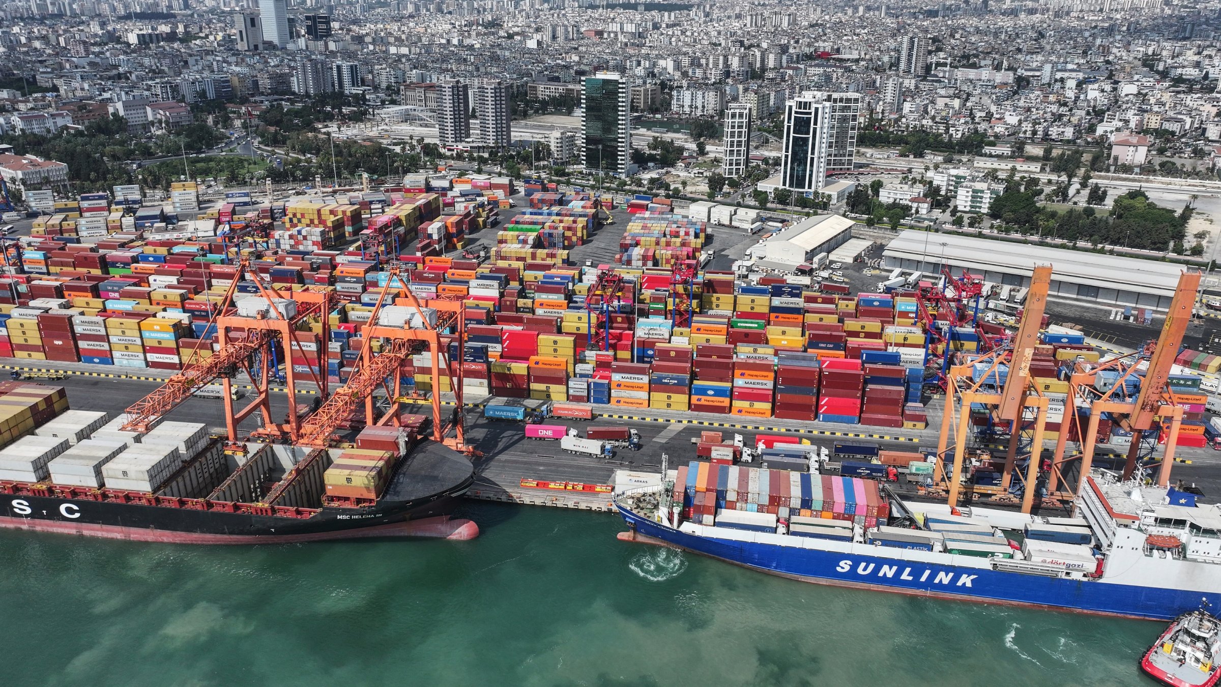 An aerial view of vessels and containers at Mersin International Port, Mersin, southern Türkiye, Sept 24, 2026. (AA Photo)