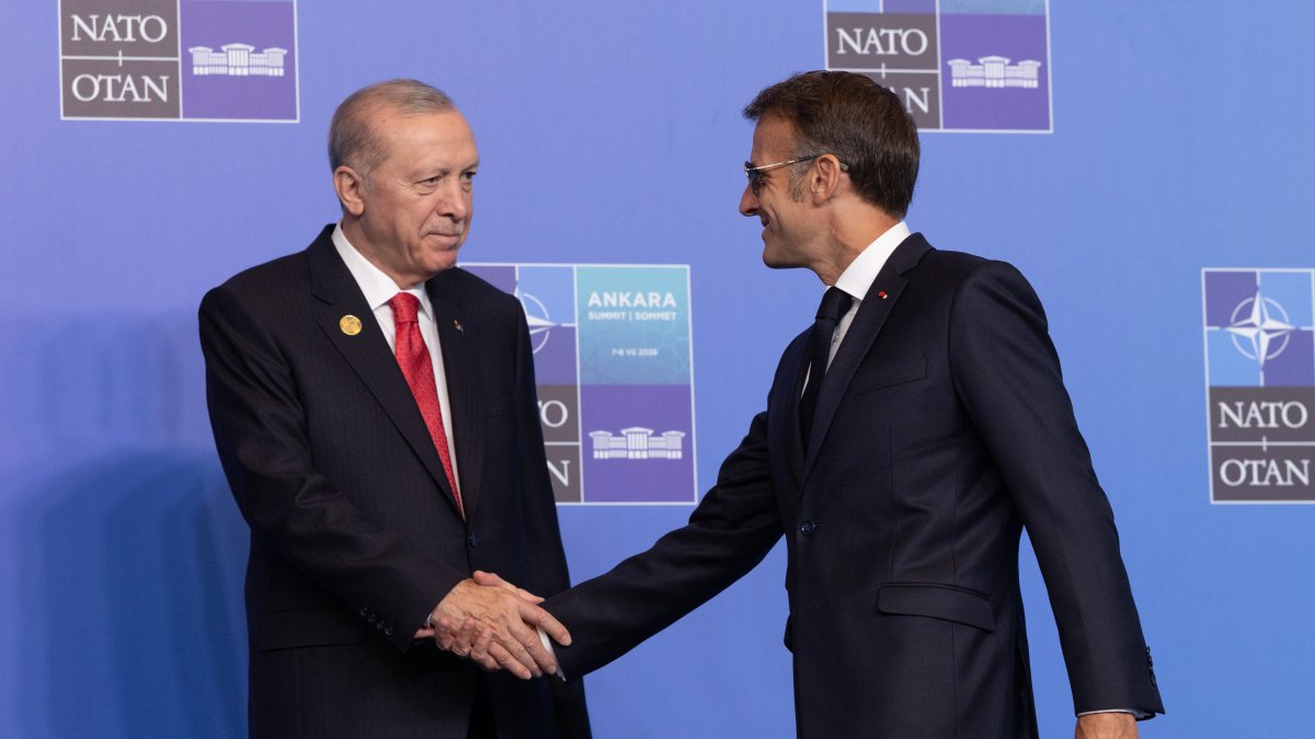 President Recep Tayyip Erdoğan shakes hands with French President Emmanuel Macron during the NATO summit, Ankara, Türkiye, July 8, 2026. (Getty Images Photo)
