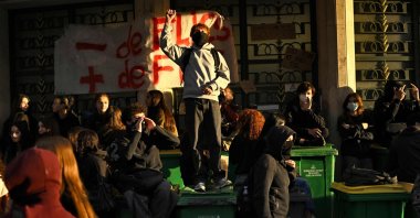 Protesters block the entrance to the Helene Boucher high school during a demonstration by high school students as part of a nationwide protest movement over learning conditions, Paris, France, Oct. 7, 2026. (AFP Photo)