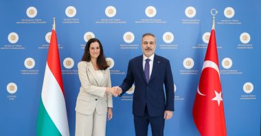 Foreign Minister Hakan Fidan (R) shakes hands with Hungarian Foreign Minister Anita Orban, Ankara, Türkiye, Oct. 8, 2026. (AA Photo)