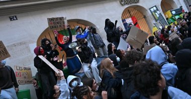 Students demonstrate outside the Carmes campus of the Institut Catholique de Paris (ICP), in Paris, France, Oct. 8, 2026. (EPA Photo)