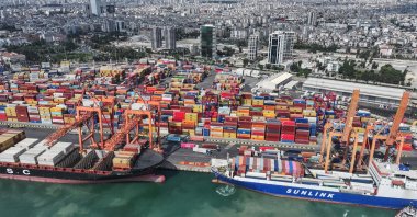 An aerial view of vessels and containers at Mersin International Port, Mersin, southern Türkiye, Sept 24, 2026. (AA Photo)