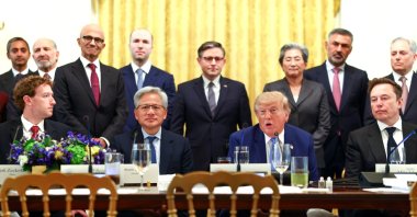 U.S. President Donald Trump (front row, 2nd R) speaks at a meeting and luncheon on super intelligence in the East Room of the White House alongside Facebook founder and Meta CEO Mark Zuckerberg (L), Nvidia President and CEO Jensen Huang (2nd L), and Tesla and SpaceX CEO Elon Musk (R) in Washington, D.C., U.S., Sept. 29, 2026. (EPA Photo)