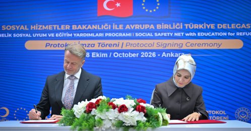 Family and Social Services Minister Mahinur Özdemir Göktaş (R) signs the protocol with EU Ambassador Aivo Orav, Ankara, Türkiye, Oct. 8, 2026. (AA Photo)