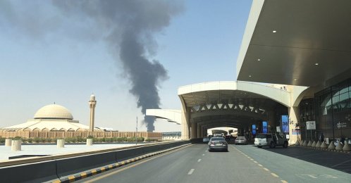 Smoke rises from the fuel storage depot at King Khalid International Airport in the aftermath of Houthi strikes in Riyadh, Saudi Arabia, Sept. 19, 2026. (Reuters Photo)