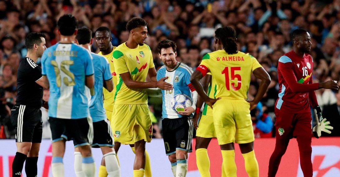 Argentina's Lionel Messi with Benin's Amiro Amadou following the international friendly match between Argentina and Benin at the Estadio Monumental in Buenos Aires, Argentina, Oct. 6, 2026. (Reuters Photo)