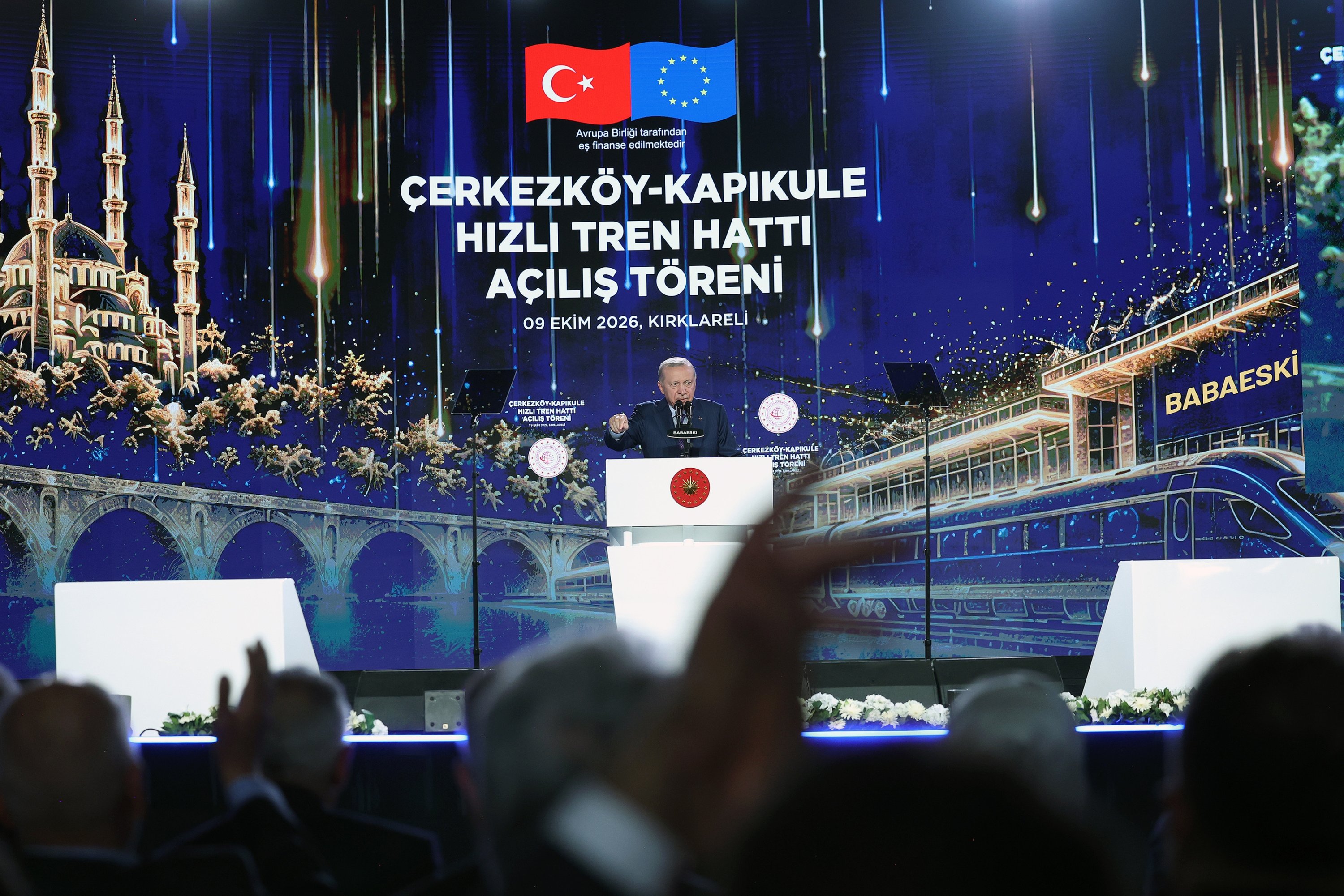 President Recep Tayyip Erdoğan speaks during an opening ceremony for the Çerkezköy-Kapıkule high-speed railway line in Kırklareli province, Türkiye, Oct. 9, 2026. (AA Photo)