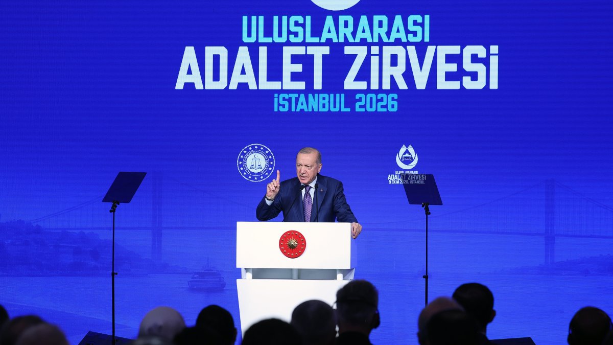President Recep Tayyip Erdoğan delivers a speech at the International Justice Summit, Istanbul, Türkiye, Oct. 9, 2026. (DHA Photo)