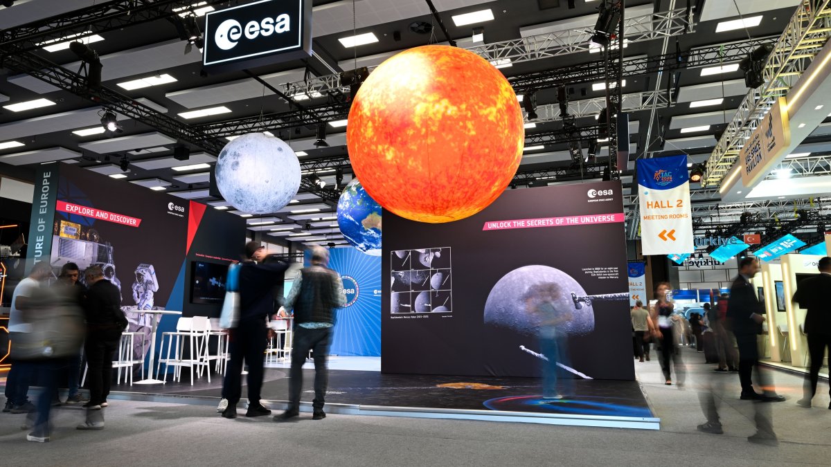 A booth of the European Space Agency at the International Astronautical Congress (IAC), Antalya province, southern Türkiye, Oct. 9, 2026. (AA Photo)