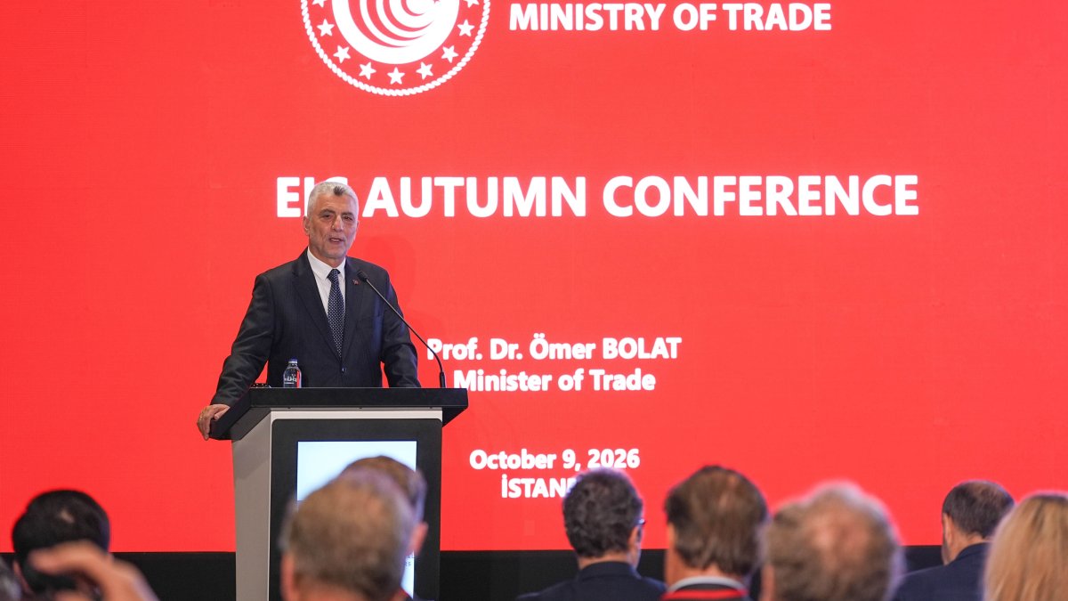 Trade Minister Ömer Bolat speaks during the European International Contractors (EIC) general assembly, Istanbul, Türkiye, Oct. 9, 2026. (AA Photo)