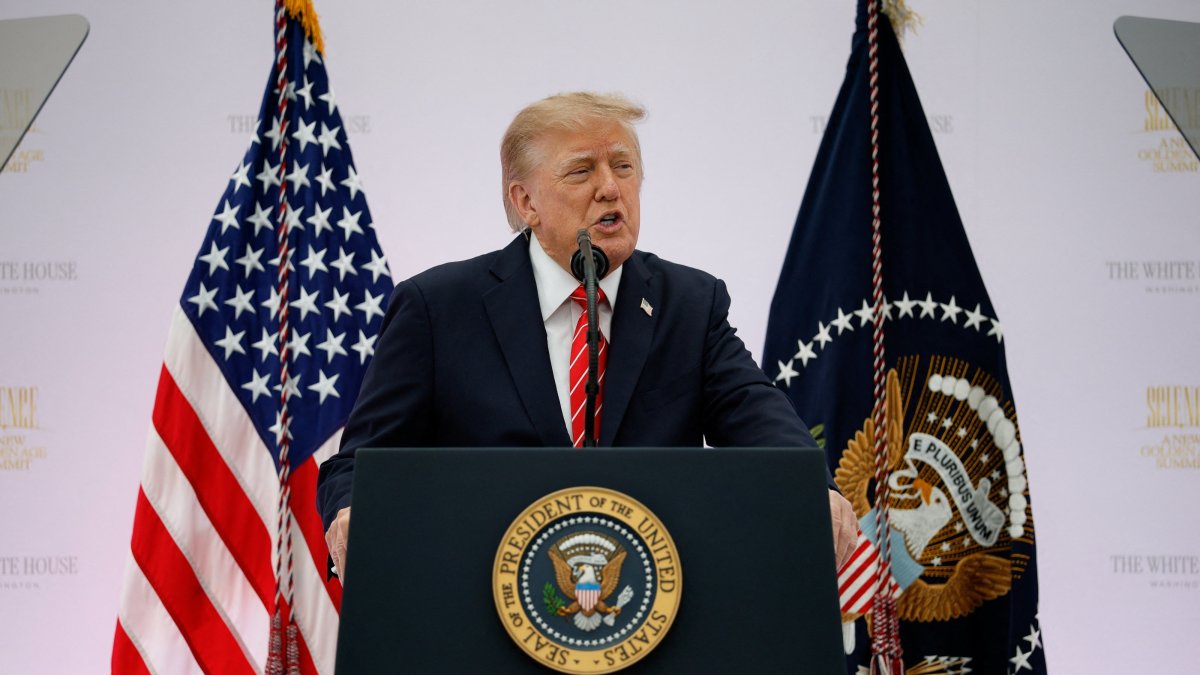 U.S. President Donald Trump delivers remarks during the "A New Golden Age" summit at the US Institute of Peace, renamed the Donald J. Trump Institute of Peace by the Trump administration, Washington, U.S., Oct. 8, 2026. (Reuters Photo)