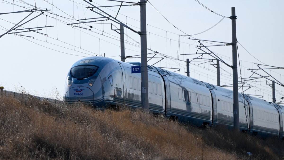 A high-speed train is seen on the Çerkezköy-Kapıkule railway line, Türkiye, Oct. 9, 2026. (AA Photo)