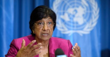 U.N. High Commissioner for Human Rights Navi Pillay, answers journalists' questions during a press conference at the Geneva Press Club, Geneva, Switzerland, July 31, 2014. (AP Photo)