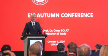 Trade Minister Ömer Bolat speaks during the European International Contractors (EIC) general assembly, Istanbul, Türkiye, Oct. 9, 2026. (AA Photo)