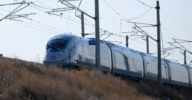 A high-speed train is seen on the Çerkezköy-Kapıkule railway line, Türkiye, Oct. 9, 2026. (AA Photo)