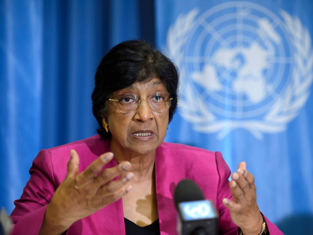 U.N. High Commissioner for Human Rights Navi Pillay, answers journalists' questions during a press conference at the Geneva Press Club, Geneva, Switzerland, July 31, 2014. (AP Photo)