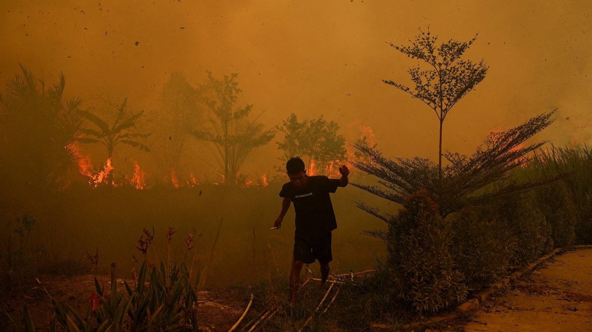 A resident walks as a wildfire burns near a residential area in Banyuasin, South Sumatra province, Indonesia, Oct. 7, 2026. (Reuters Photo)