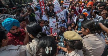 Indian police detain supporters of the Cockroach Janta Party (CJP) at Bangla Sahib Gurudwara, near the Election Commission of India office in New Delhi, India, as they take part in a protest demanding the resignation of Chief Election Commissioner Gyanesh Kumar, Oct. 10, 2026. (EPA Photo)