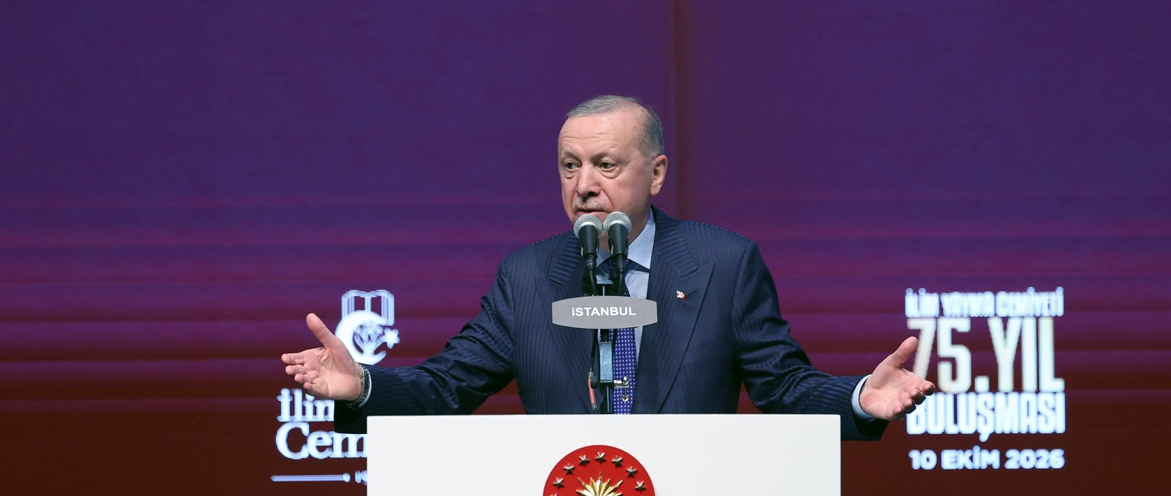 Turkish President Recep Tayyip Erdoğan attends the 75th anniversary gathering of the İlim Yayma Cemiyeti at the Istanbul Congress Center, Istanbul, Türkiye, Oct. 10, 2026. (AA Photo)
