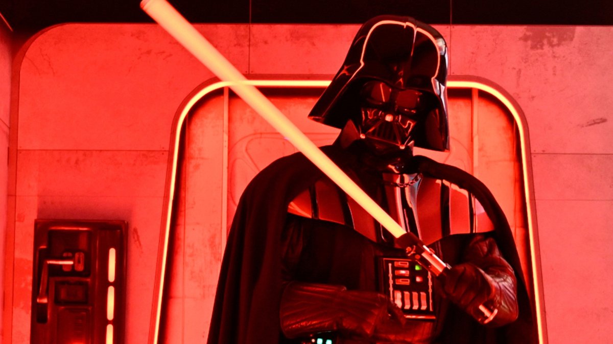 A performer dressed as Darth Vader poses at the Hasbro and Amazon Star Wars Interactive Imperial March Experience at the Empire State Building, New York, U.S., March 21, 2024. (AP Photo)