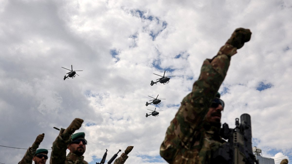 Helicopters fly over a military parade by Greek Cypriot fighters, Lefkoşa (Nicosia), the island of Cyprus, Oct. 1, 2026. (Reuters Photo)