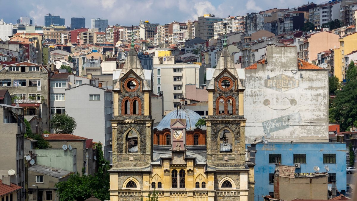 An aerial view of Dolapdere Panagia Greek Orthodox Church, Istanbul, Türkiye, July 7, 2022. (Shutterstock Photo)