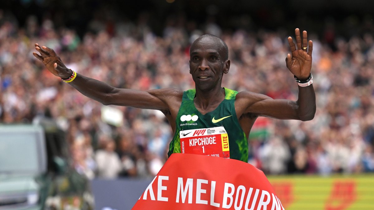 Kenya's Eliud Kipchoge crosses the finish line to win the men's race at Melbourne Marathon in Melbourne, Australia, Oct. 11, 2026. (AP Photo)