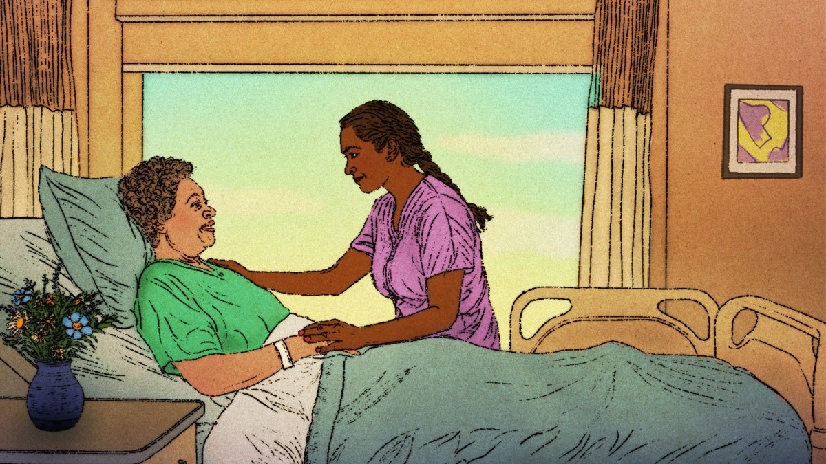 An illustration of a caregiver comforting an elderly patient. (AP Photo)