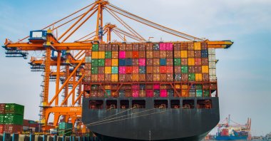 A container cargo ship with onboard cranes docks at a shipyard in an unspecified location, Türkiye, Jan. 27, 2020. (Getty Images Photo)