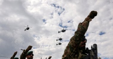 Helicopters fly over a military parade by Greek Cypriot fighters, Lefkoşa (Nicosia), the island of Cyprus, Oct. 1, 2026. (Reuters Photo)