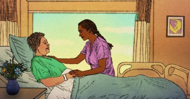 An illustration of a caregiver comforting an elderly patient. (AP Photo)