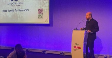 Bilal Erdoğan, chairman of the board of trustees of the Ilim Yayma Foundatio,n speaks during the Halal Forum, London, U.K., Oct. 11, 2026. (Photo by Alpaslan Düven)