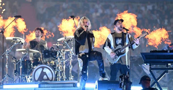 Emily Armstrong, lead singer of Linkin Park, performs alongside Mike Shinoda, during the prematch ceremony to the UEFA Champions League Final 2025, Munich, Germany, May 31, 2025. (Getty Images Photo)