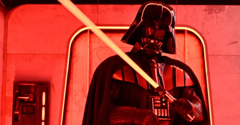 A performer dressed as Darth Vader poses at the Hasbro and Amazon Star Wars Interactive Imperial March Experience at the Empire State Building, New York, U.S., March 21, 2024. (AP Photo)
