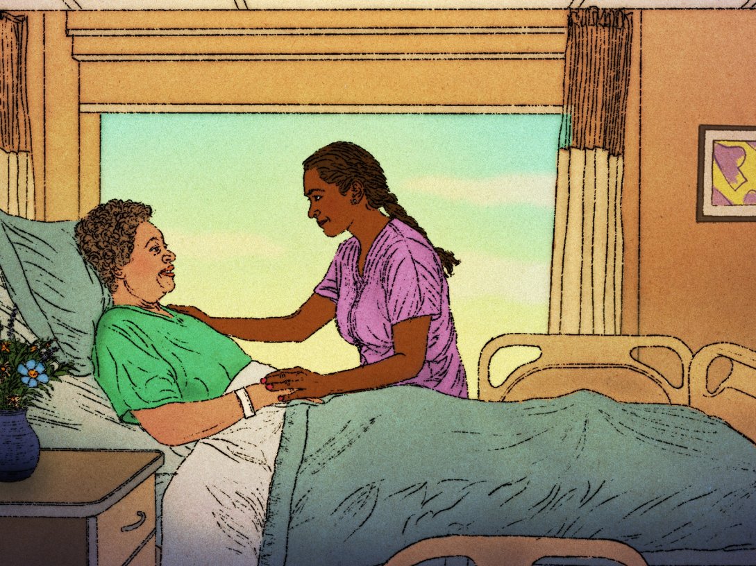 An illustration of a caregiver comforting an elderly patient. (AP Photo)