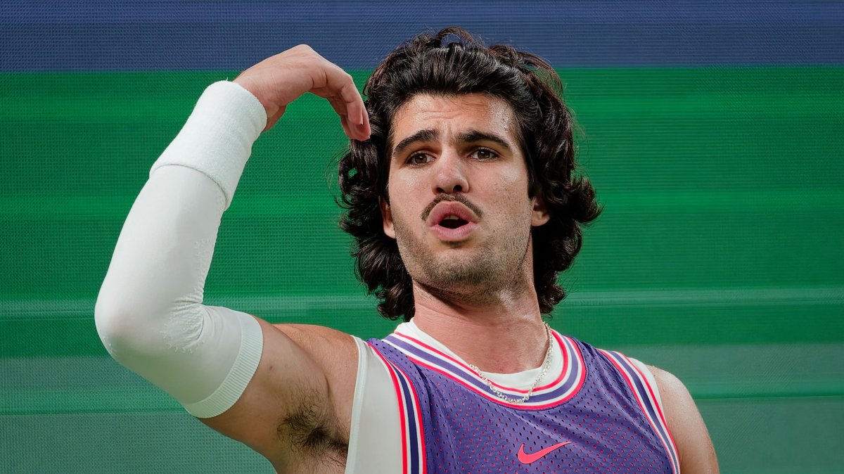 Spain's Carlos Alcaraz reacts during his men's singles match against Zizou Bergs of Belgium at the Shanghai Masters, Shanghai, China, Oct. 12, 2026. (EPA Photo)