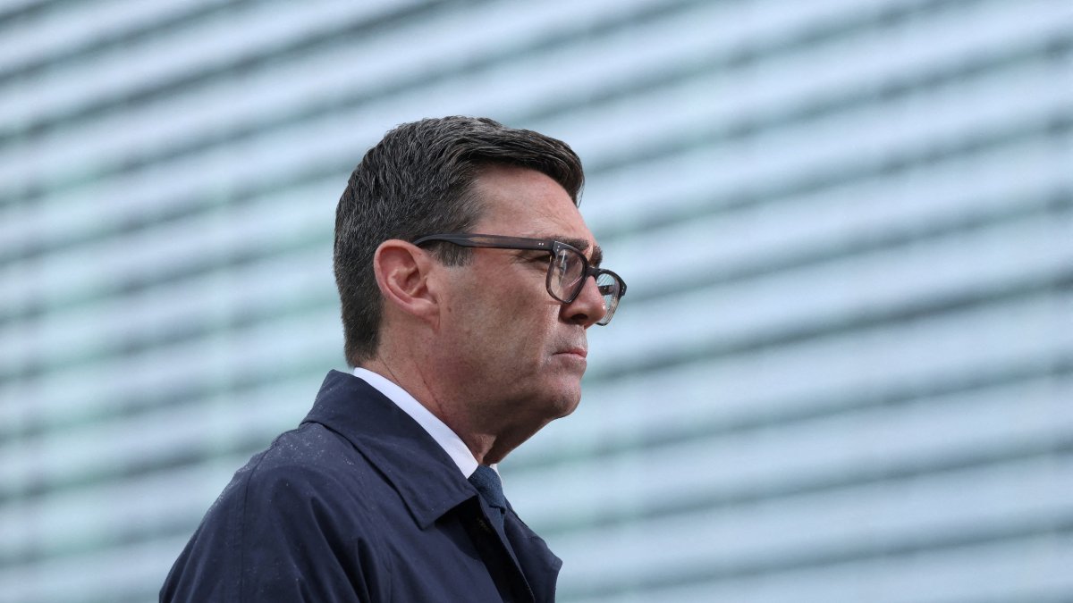 British Prime Minister Andy Burnham gives a television interview following his meeting with German Chancellor Friedrich Merz, in Berlin, Germany, Oct. 8, 2026. (Reuters Photo)