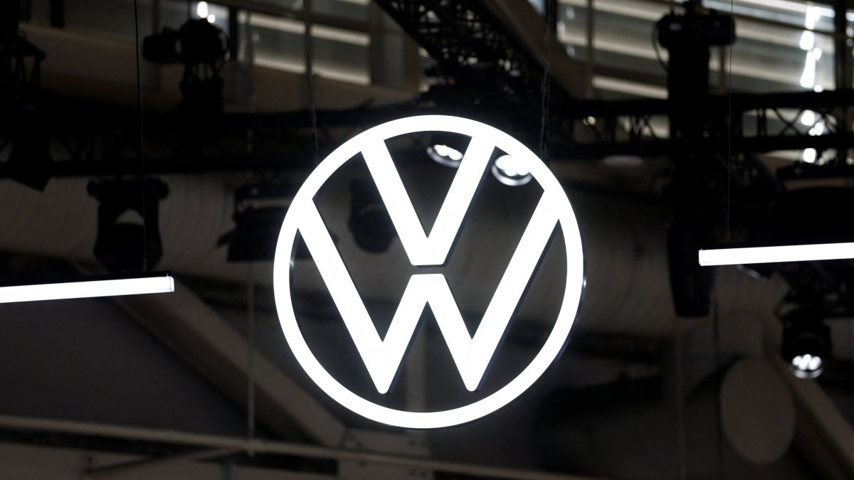 The Volkswagen logo on display during the media day at the 2026 Paris Auto Show in Paris, France, Oct. 12, 2026. (Reuters Photo)