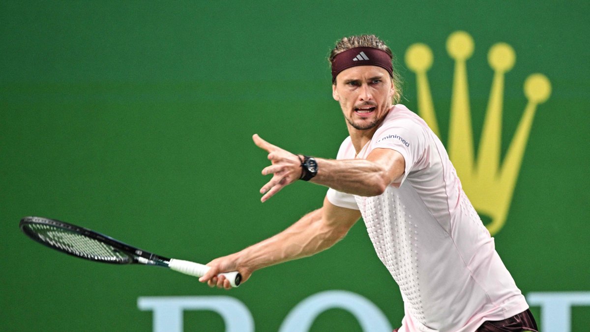 Germany's Alexander Zverev hits a return to France's Quentin Halys during their men's singles match at the Shanghai Masters tennis tournament in Shanghai, China, Oct. 11, 2026. (AFP Photo)