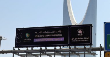 Logo of the 25th WPC Energy Congress next to Kingdom Tower in Riyadh, Saudi Arabia, Oct. 11, 2026. (Reuters Photo)