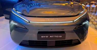 A plug-in hybrid BYD ATTO 8 SUV is displayed at the launch event, Johannesburg, South Africa, April 15, 2026. (Reuters Photo)