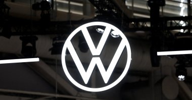 The Volkswagen logo on display during the media day at the 2026 Paris Auto Show in Paris, France, Oct. 12, 2026. (Reuters Photo)