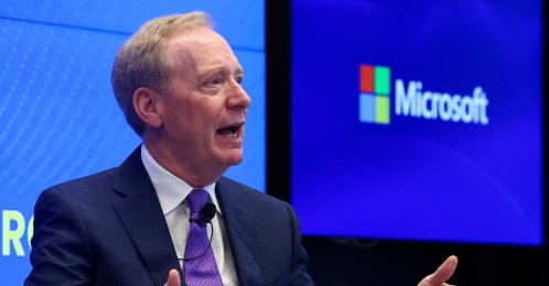 Microsoft Vice Chair and President Brad Smith addresses a keynote, Brussels, Belgium, April 30, 2025. (Reuters Photo)