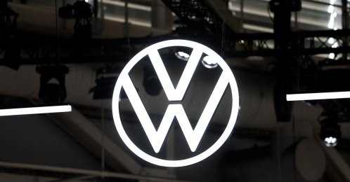 The Volkswagen logo on display during the media day at the 2026 Paris Auto Show in Paris, France, Oct. 12, 2026. (Reuters Photo)