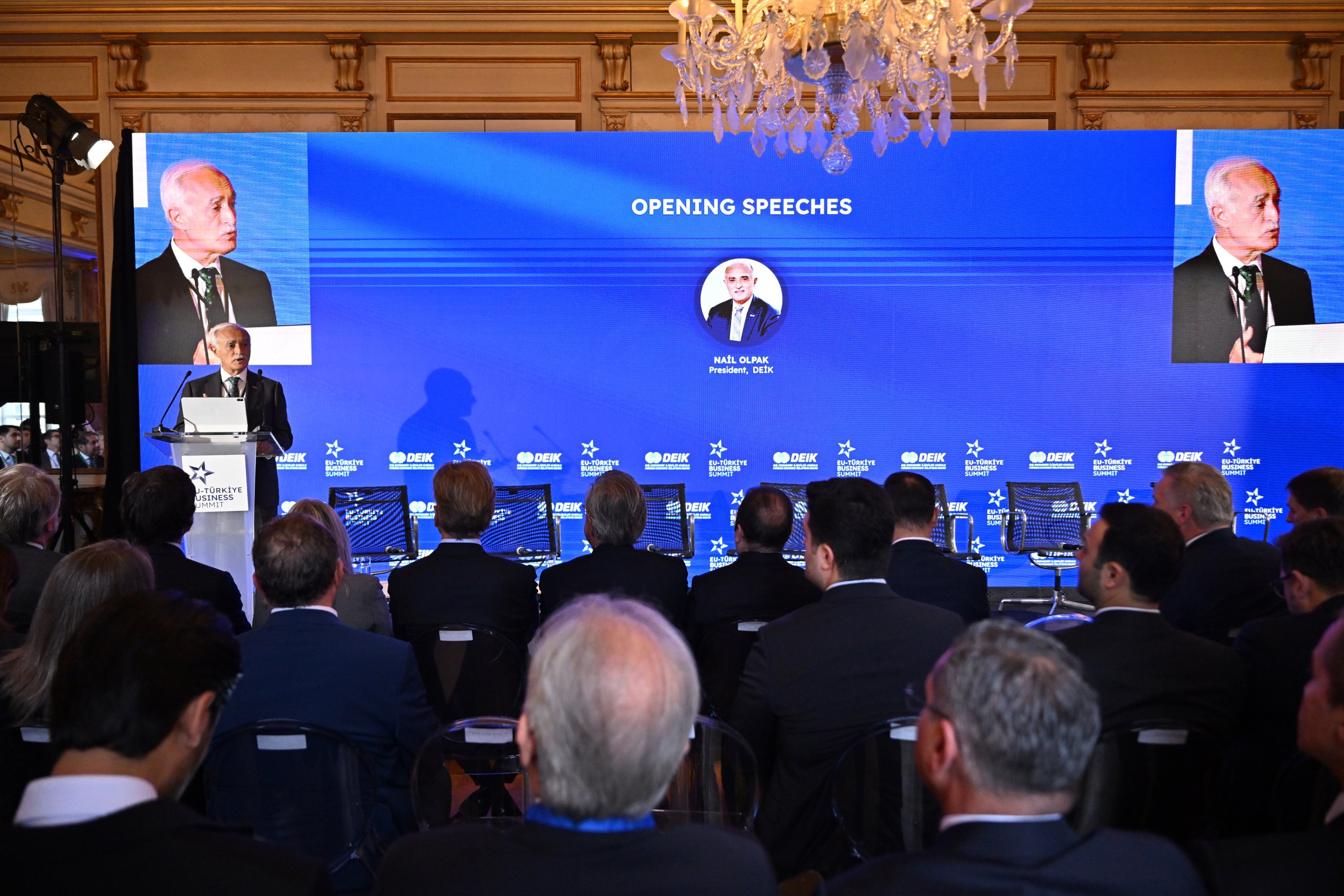 Foreign Economic Relations Board (DEIK) President Nail Olpak speaks during the EU-Türkiye Business Summit in Brussels, Belgium, Oct. 13, 2026. (AA Photo)