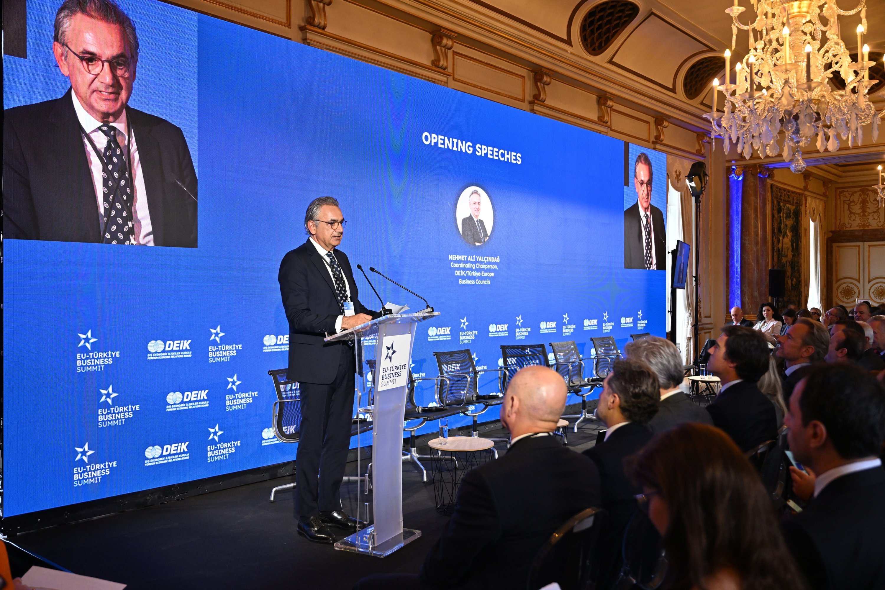 Mehmet Ali Yalçındağ, coordinator chair of the DEIK Türkiye-EU Business Councils, speaks during the EU-Türkiye Business Summit in Brussels, Belgium, Oct. 13, 2026. (AA Photo)