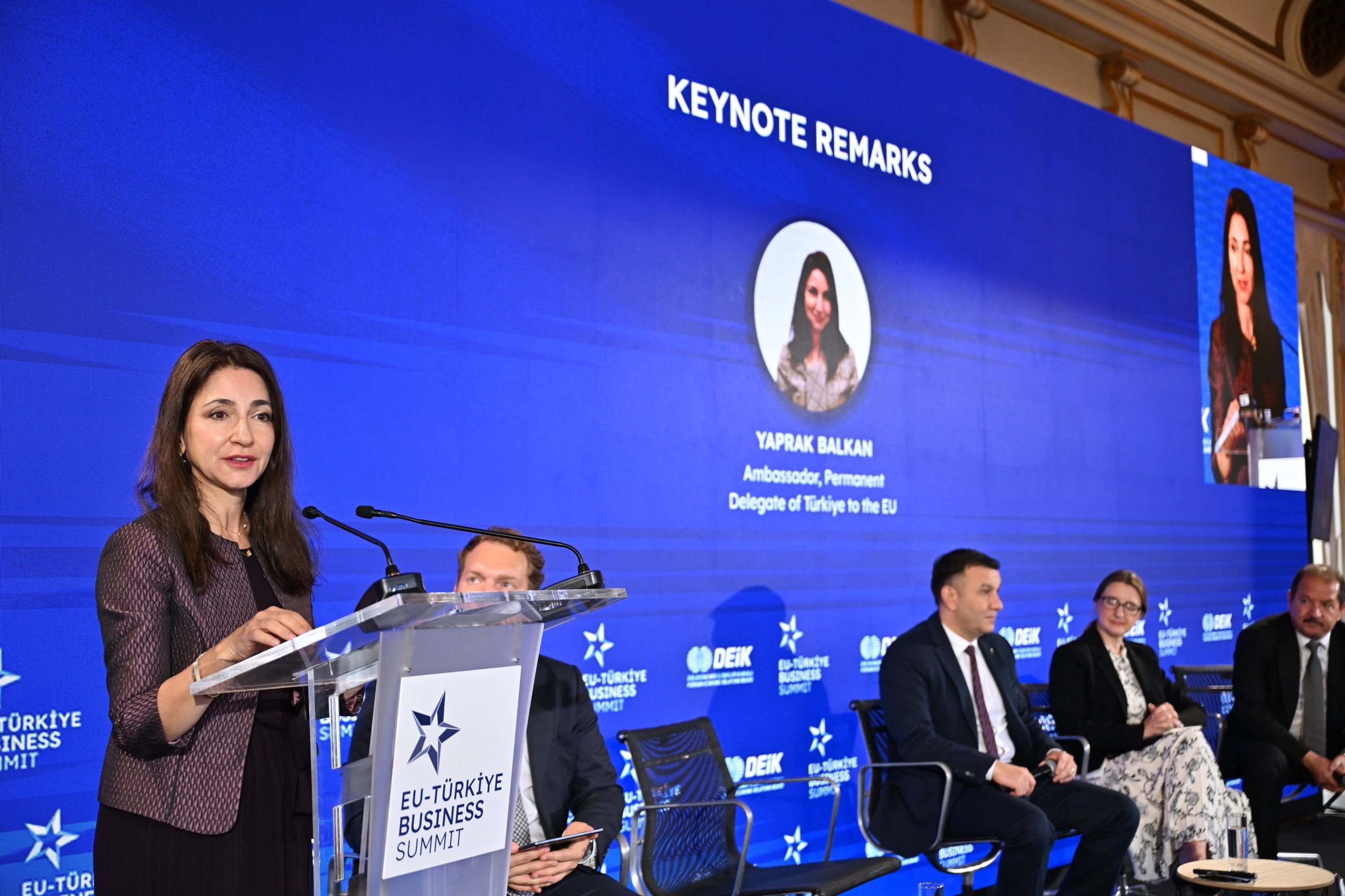 Ambassador Yaprak Balkan, Türkiye's permanent delegate to the EU, delivers a speech during the EU-Türkiye Business Summit in Brussels, Belgium, Oct. 13, 2026. (AA Photo)