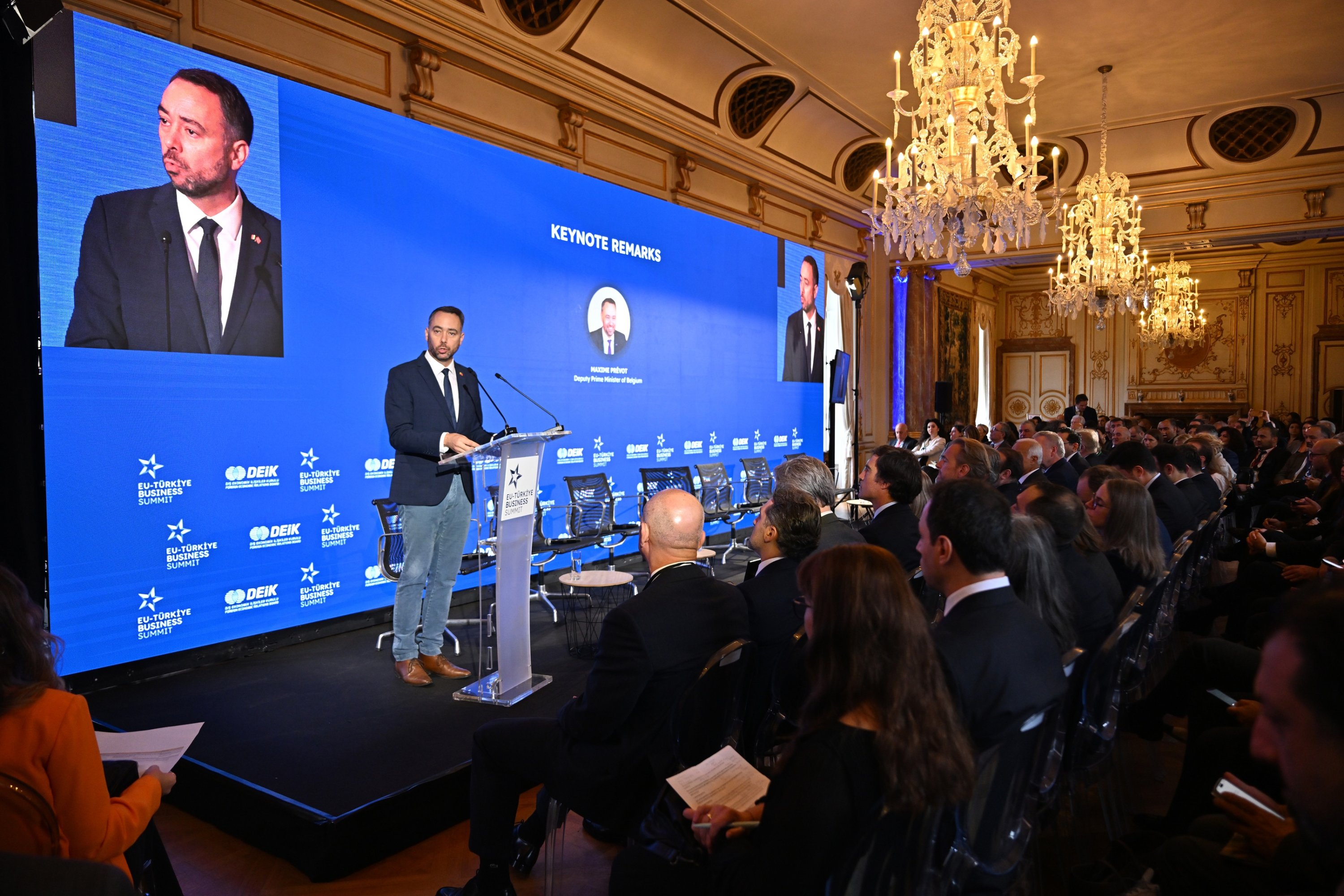 Belgian Foreign Minister Maxime Prevot addresses the EU-Türkiye Business Summit in Brussels, Belgium, Oct. 13, 2026. (AA Photo)