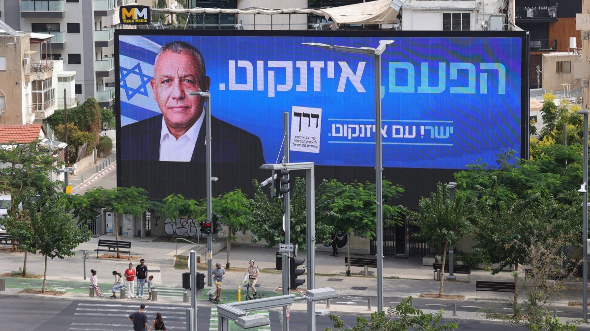 An elections billboard featuring Yashar party leader Gadi Eisenkot reading in Hebrew 'This time, Eisenkot' is displayed in Tel Aviv, Israel, Oct. 12, 2026. (EPA Photo)