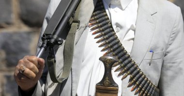 A Houthi fighter wears a bullet belt as he takes part in a campaign to mobilize more fighters, Sanaa, Yemen, Oct. 7, 2026. (EPA Photo)